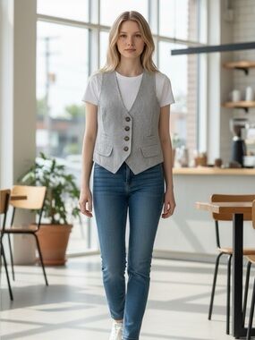 OLD NAVY Gray Striped Vest with Tortoise Shell Buttons